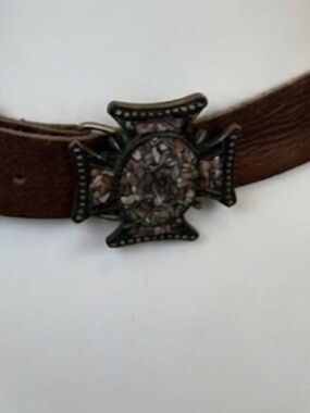 LeatherRock Vintage Brown Leather Belt with Ornate Stone Gothic Cross Buckle 34